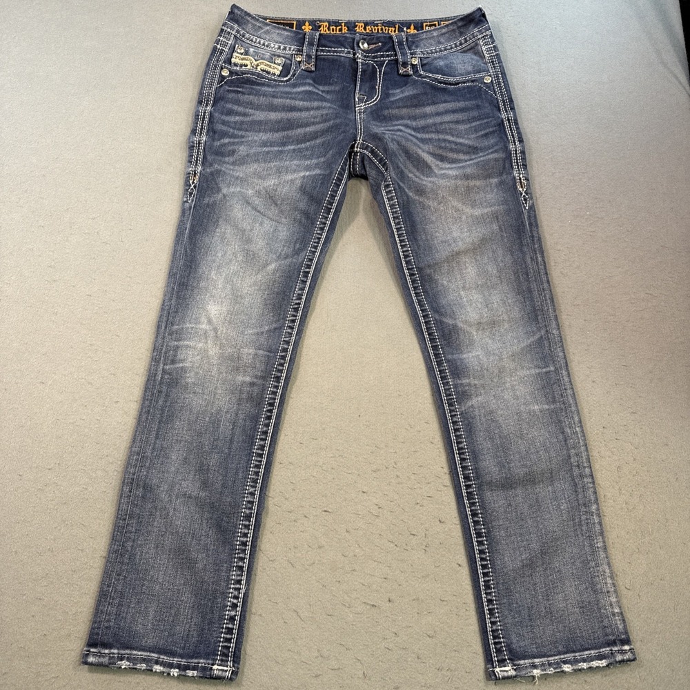 Rock Revival pILKIN crop jeans wOMEN 28x  28.5 embroidered HICK sTITCH wHISKErs - Picture 3 of 10